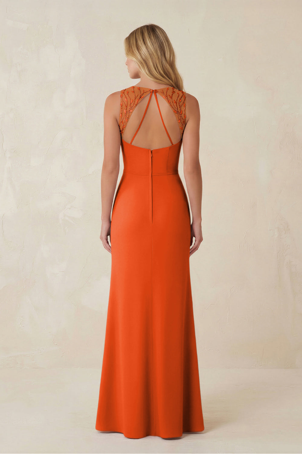 Round Neck Sheath Chiffon Appliqued Bridesmaid Dress in Cinnamon