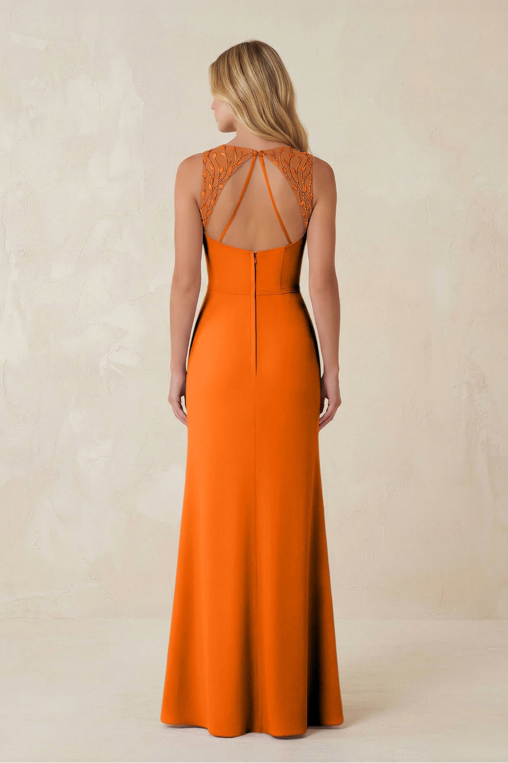 Round Neck Sheath Chiffon Appliqued Bridesmaid Dress in Cinnamon - KISS BRIDAL Bridesmaid Dresses