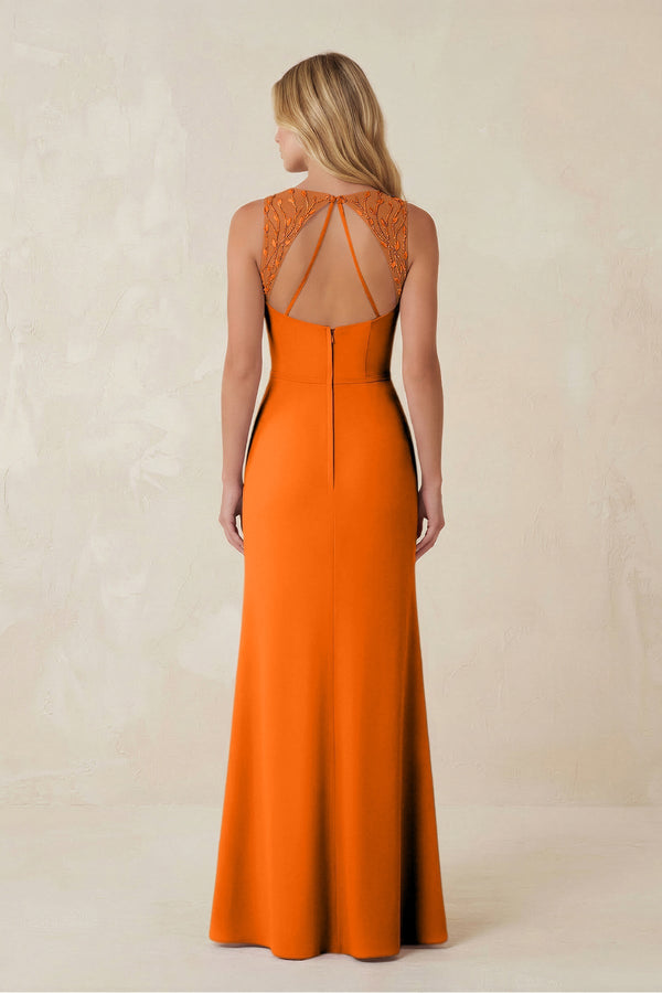 Round Neck Sheath Chiffon Appliqued Bridesmaid Dress in Cinnamon - KISS BRIDAL Bridesmaid Dresses