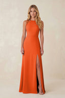 Round Neck Sheath Chiffon Appliqued Bridesmaid Dress in Cinnamon | KISSBRIDAL