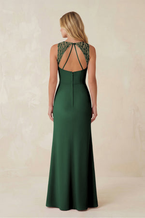 Round Neck Sheath Chiffon Appliqued Bridesmaid Dress in Dark Green (2) | KISSBRIDAL