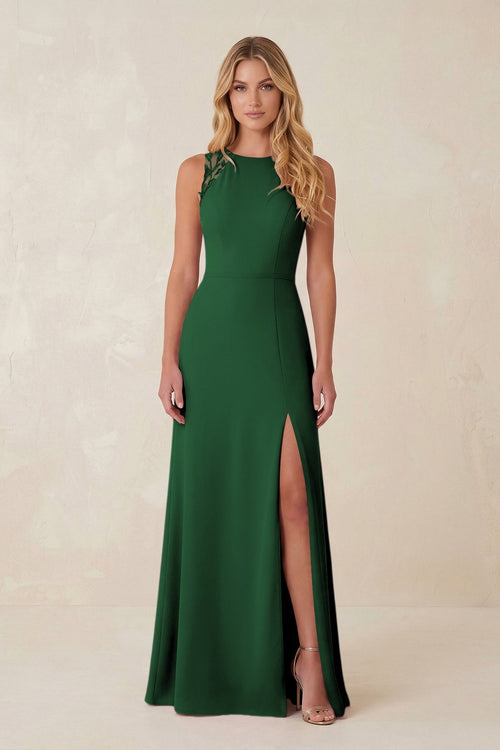 Round Neck Sheath Chiffon Appliqued Bridesmaid Dress in Dark Green - KISS BRIDAL Bridesmaid Dresses
