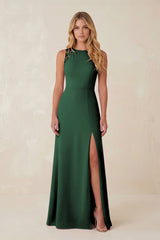 Round Neck Sheath Chiffon Appliqued Bridesmaid Dress in Dark Green | KISSBRIDAL