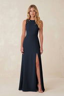 Round Neck Sheath Chiffon Appliqued Bridesmaid Dress in Dark Navy - KISS BRIDAL Bridesmaid Dresses
