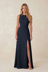 Round Neck Sheath Chiffon Appliqued Bridesmaid Dress in Dark Navy - KISS BRIDAL Bridesmaid Dresses