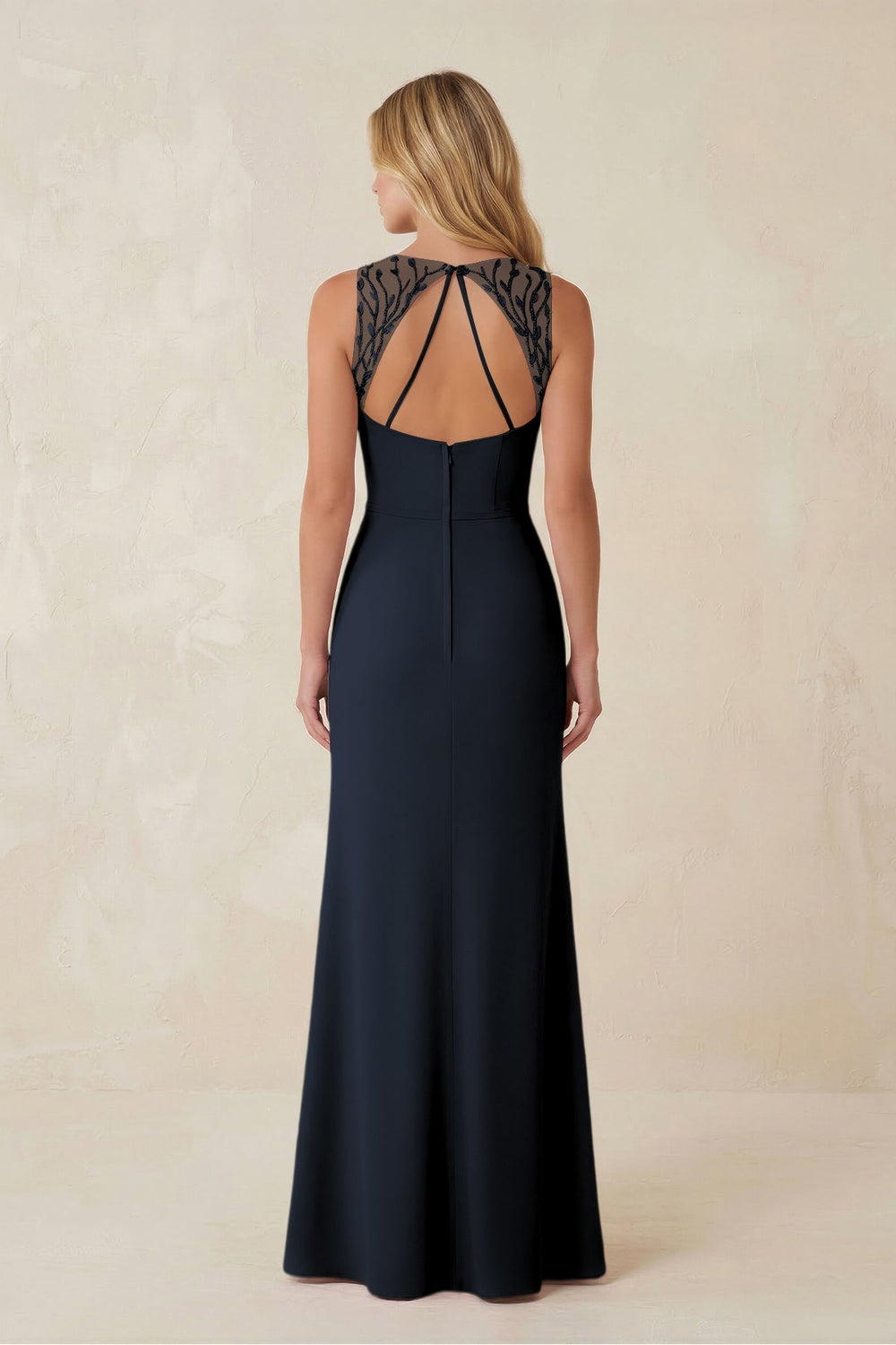 Round Neck Sheath Chiffon Appliqued Bridesmaid Dress in Dark Navy - KISS BRIDAL Bridesmaid Dresses