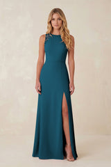 Round Neck Sheath Chiffon Appliqued Bridesmaid Dress in Dark Teal - KISS BRIDAL Bridesmaid Dresses