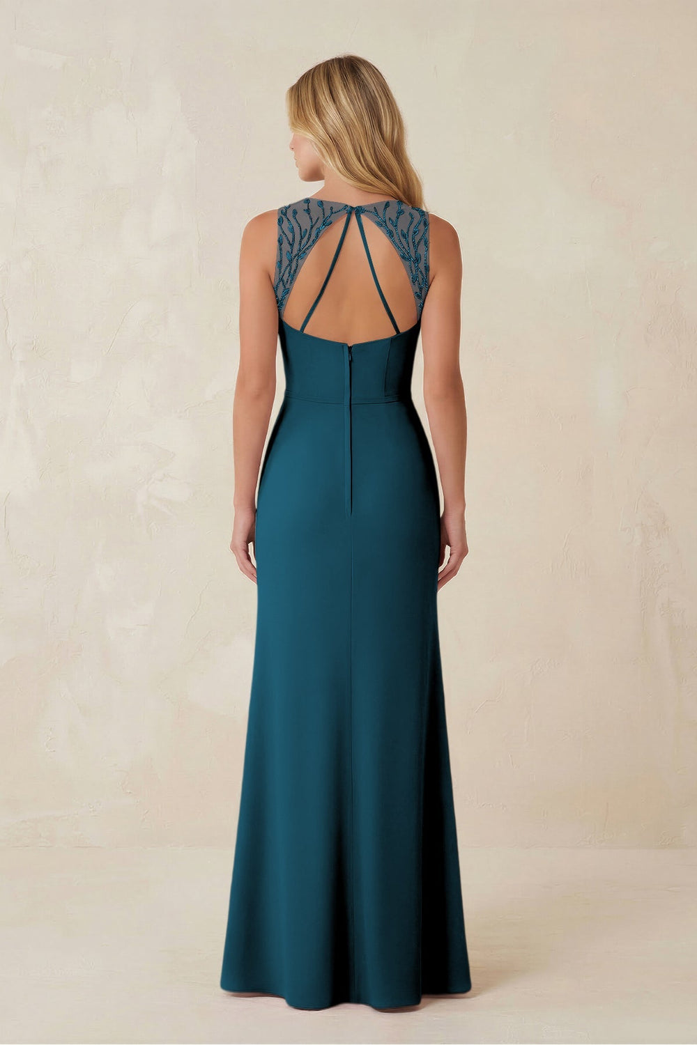 Round Neck Sheath Chiffon Appliqued Bridesmaid Dress in Dark Teal - KISS BRIDAL Bridesmaid Dresses