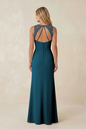 Round Neck Sheath Chiffon Appliqued Bridesmaid Dress in Dark Teal - KISS BRIDAL Bridesmaid Dresses