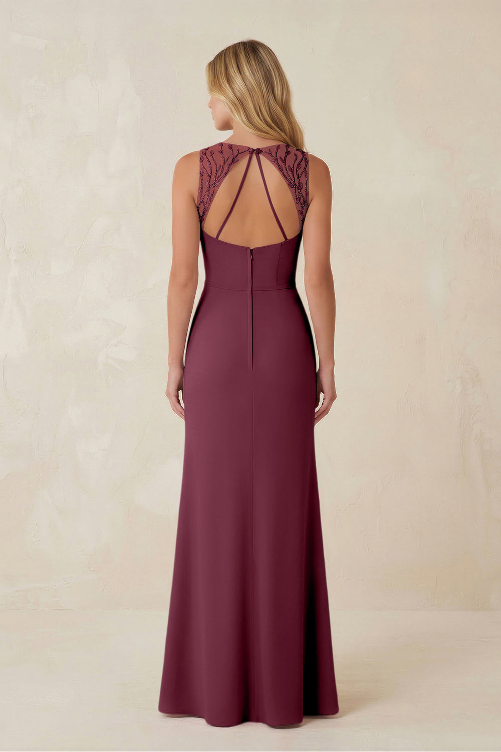 Round Neck Sheath Chiffon Appliqued Bridesmaid Dress in Desert Rose