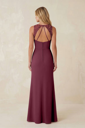 Round Neck Sheath Chiffon Appliqued Bridesmaid Dress in Desert Rose (2) | KISSBRIDAL