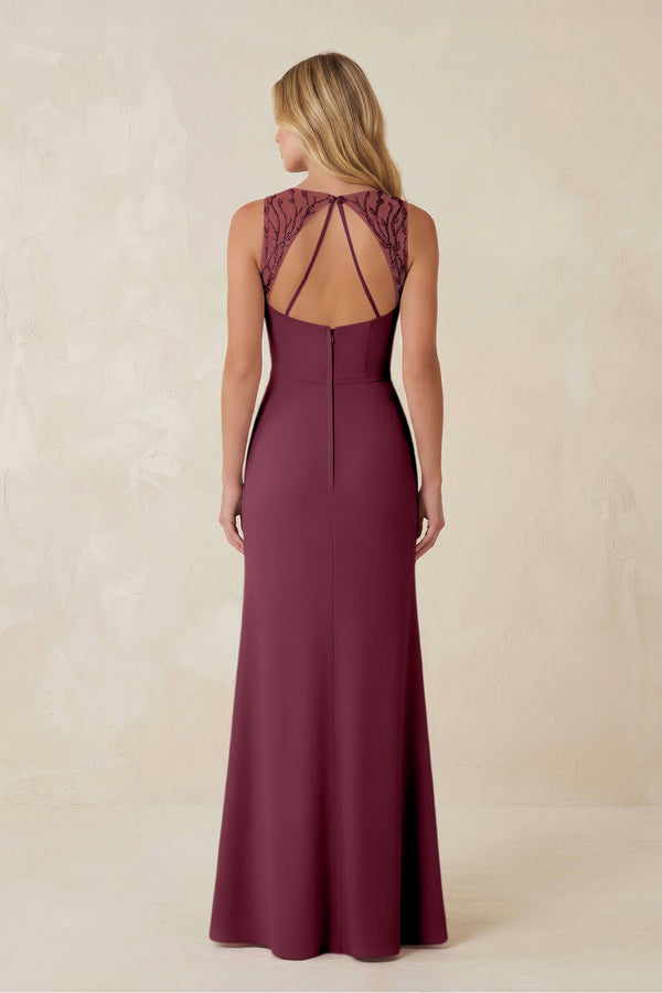 Round Neck Sheath Chiffon Appliqued Bridesmaid Dress in Desert Rose (2) | KISSBRIDAL