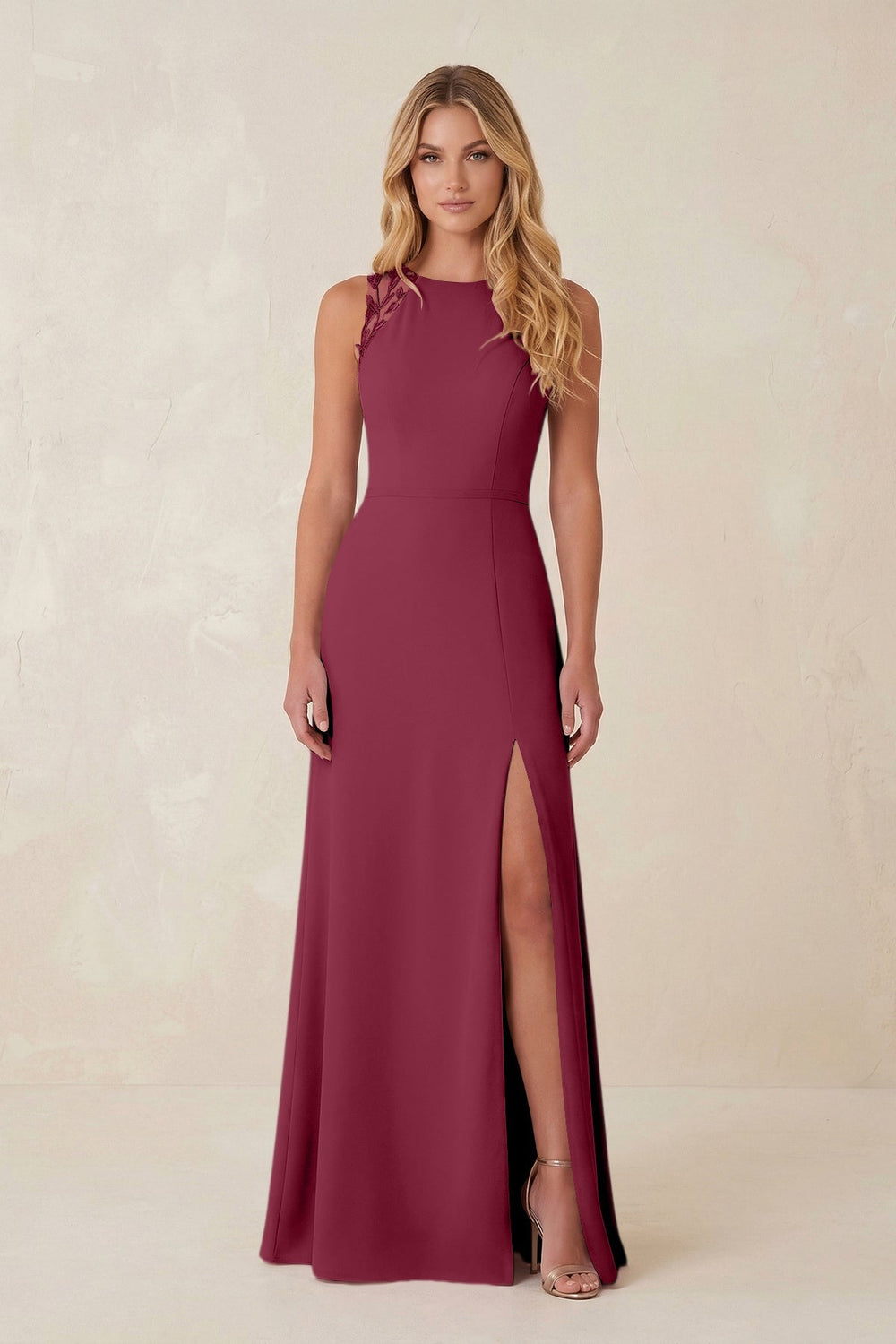Round Neck Sheath Chiffon Appliqued Bridesmaid Dress in Desert Rose - KISS BRIDAL Bridesmaid Dresses