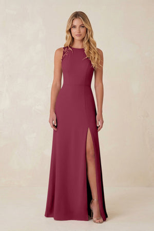 Round Neck Sheath Chiffon Appliqued Bridesmaid Dress in Desert Rose - KISS BRIDAL Bridesmaid Dresses