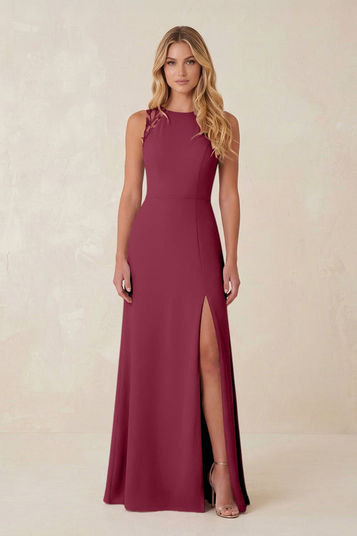 Round Neck Sheath Chiffon Appliqued Bridesmaid Dress in Desert Rose - KISS BRIDAL Bridesmaid Dresses
