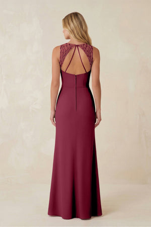 Round Neck Sheath Chiffon Appliqued Bridesmaid Dress in Desert Rose - KISS BRIDAL Bridesmaid Dresses