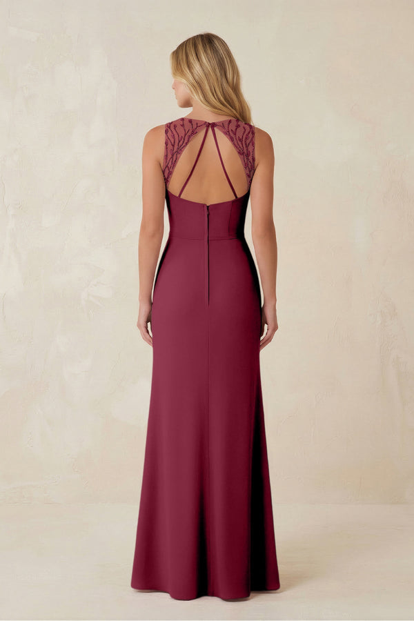 Round Neck Sheath Chiffon Appliqued Bridesmaid Dress in Desert Rose - KISS BRIDAL Bridesmaid Dresses