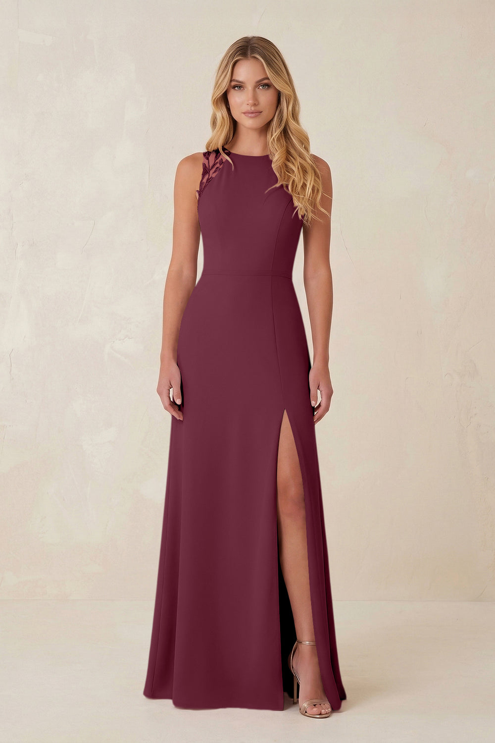 Round Neck Sheath Chiffon Appliqued Bridesmaid Dress in Desert Rose