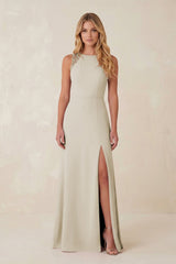 Round Neck Sheath Chiffon Appliqued Bridesmaid Dress in Dove Gray - KISS BRIDAL Bridesmaid Dresses