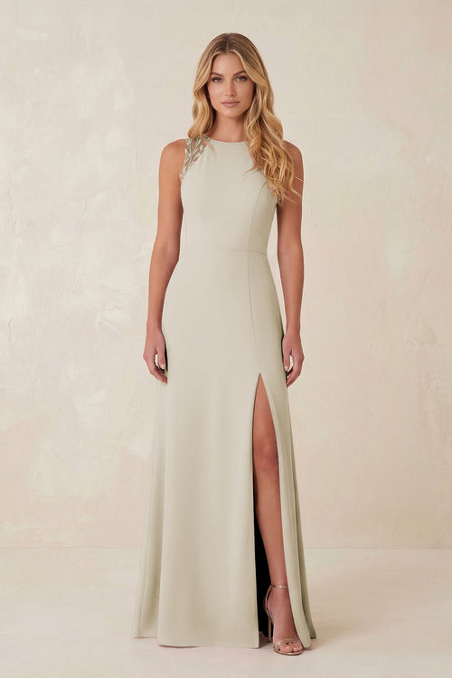 Round Neck Sheath Chiffon Appliqued Bridesmaid Dress in Dove Gray - KISS BRIDAL Bridesmaid Dresses