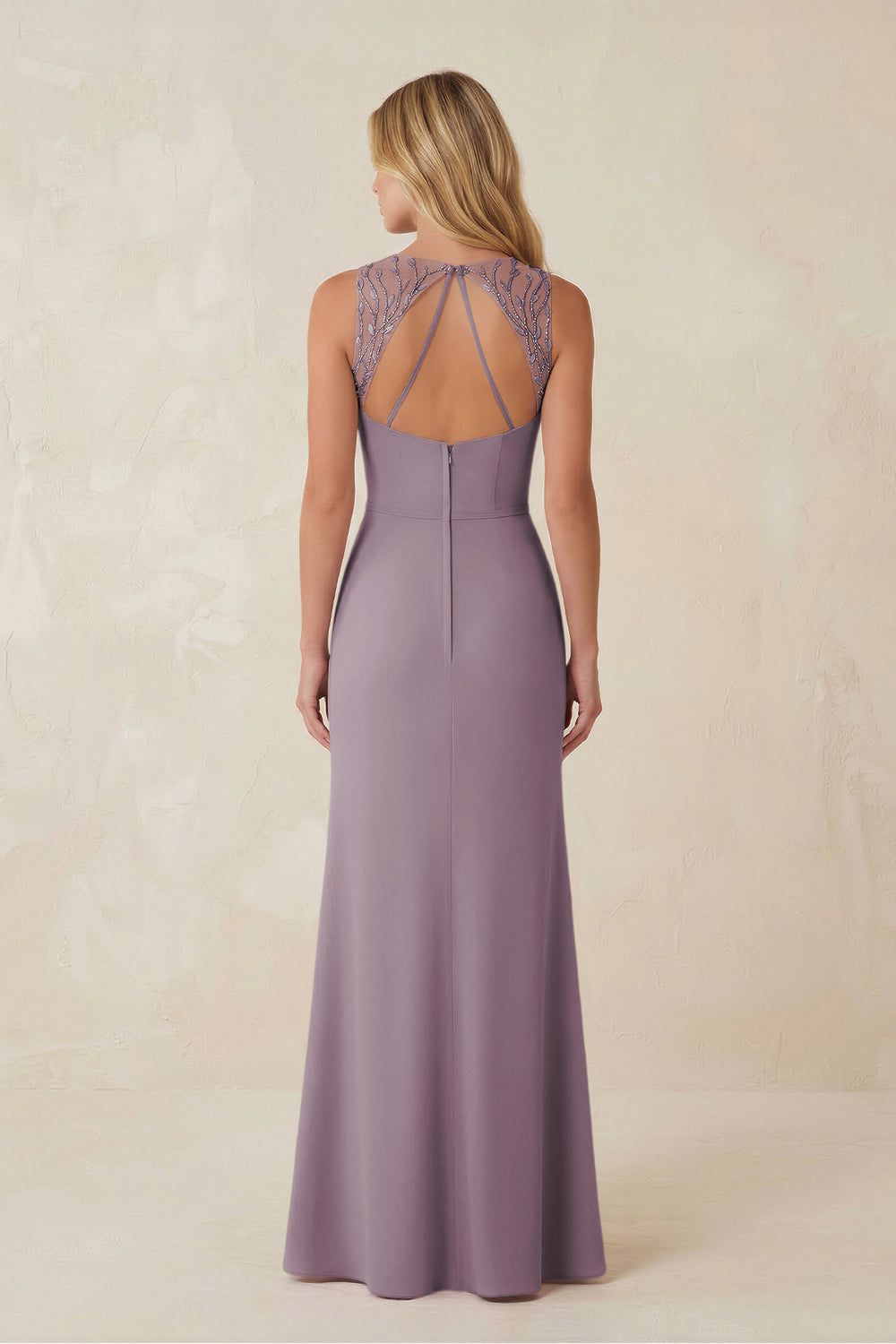 Round Neck Sheath Chiffon Appliqued Bridesmaid Dress in Dusk