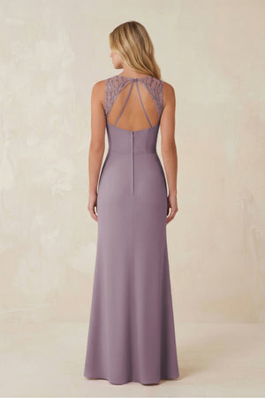 Round Neck Sheath Chiffon Appliqued Bridesmaid Dress in Dusk (2) | KISSBRIDAL