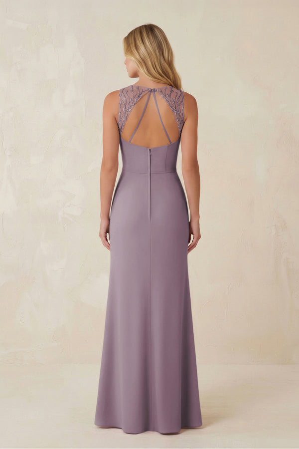 Round Neck Sheath Chiffon Appliqued Bridesmaid Dress in Dusk (2) | KISSBRIDAL