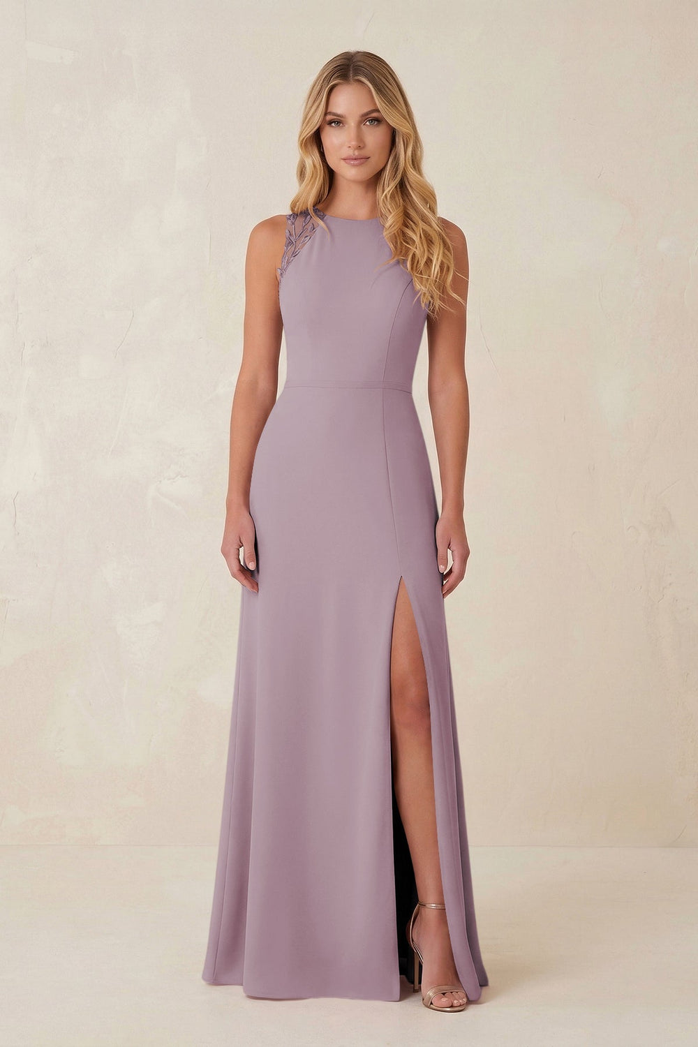 Round Neck Sheath Chiffon Appliqued Bridesmaid Dress in Dusk - KISS BRIDAL Bridesmaid Dresses