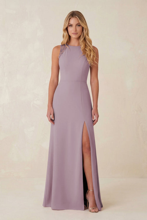 Round Neck Sheath Chiffon Appliqued Bridesmaid Dress in Dusk - KISS BRIDAL Bridesmaid Dresses