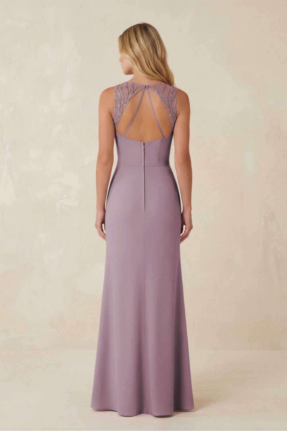 Round Neck Sheath Chiffon Appliqued Bridesmaid Dress in Dusk - KISS BRIDAL Bridesmaid Dresses