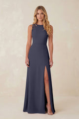 Round Neck Sheath Chiffon Appliqued Bridesmaid Dress in Dusk Blue - KISS BRIDAL Bridesmaid Dresses