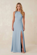 Round Neck Sheath Chiffon Appliqued Bridesmaid Dress in Dusty Blue - KISS BRIDAL Bridesmaid Dresses