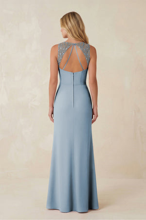 Round Neck Sheath Chiffon Appliqued Bridesmaid Dress in Dusty Blue - KISS BRIDAL Bridesmaid Dresses