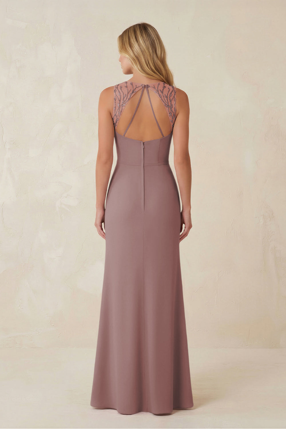Round Neck Sheath Chiffon Appliqued Bridesmaid Dress in Dusty Rose