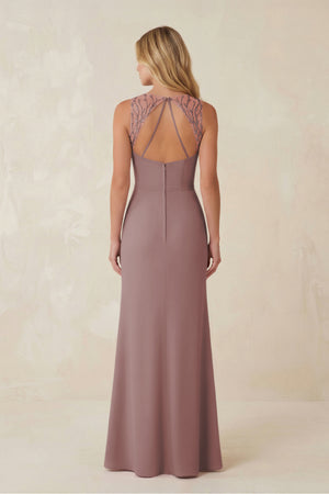 Round Neck Sheath Chiffon Appliqued Bridesmaid Dress in Dusty Rose (2) | KISSBRIDAL