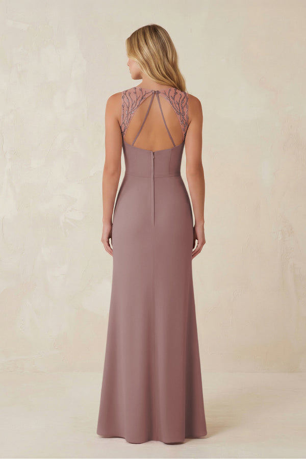Round Neck Sheath Chiffon Appliqued Bridesmaid Dress in Dusty Rose (2) | KISSBRIDAL