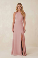 Round Neck Sheath Chiffon Appliqued Bridesmaid Dress in Dusty Rose - KISS BRIDAL Bridesmaid Dresses