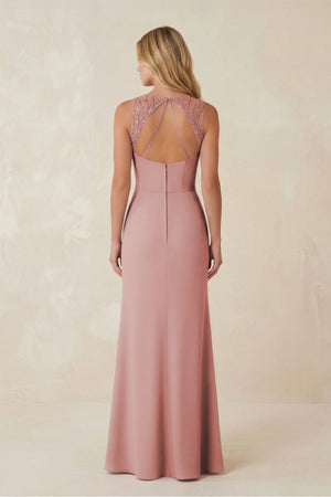 Round Neck Sheath Chiffon Appliqued Bridesmaid Dress in Dusty Rose - KISS BRIDAL Bridesmaid Dresses