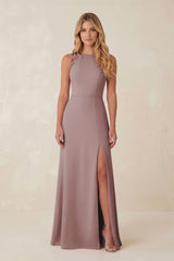 Round Neck Sheath Chiffon Appliqued Bridesmaid Dress in Dusty Rose | KISSBRIDAL