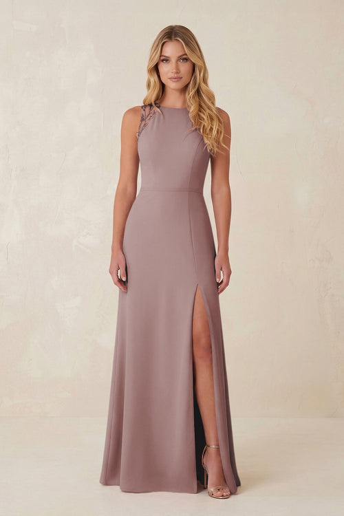 Round Neck Sheath Chiffon Appliqued Bridesmaid Dress in Dusty Rose | KISSBRIDAL