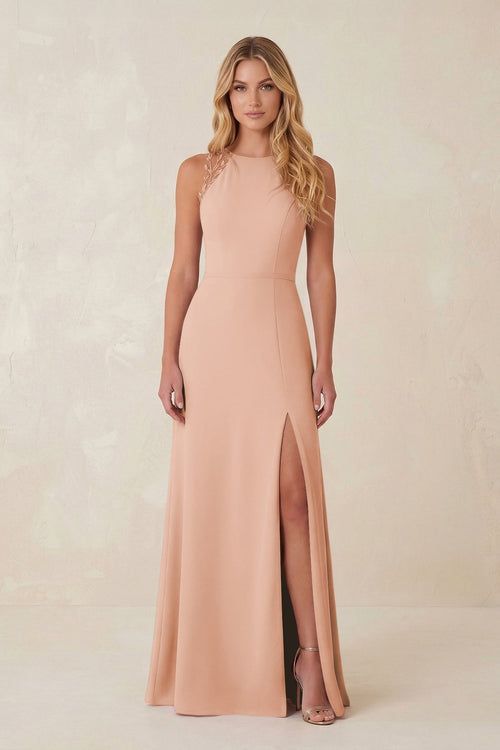 Round Neck Sheath Chiffon Appliqued Bridesmaid Dress in English Rose - KISS BRIDAL Bridesmaid Dresses