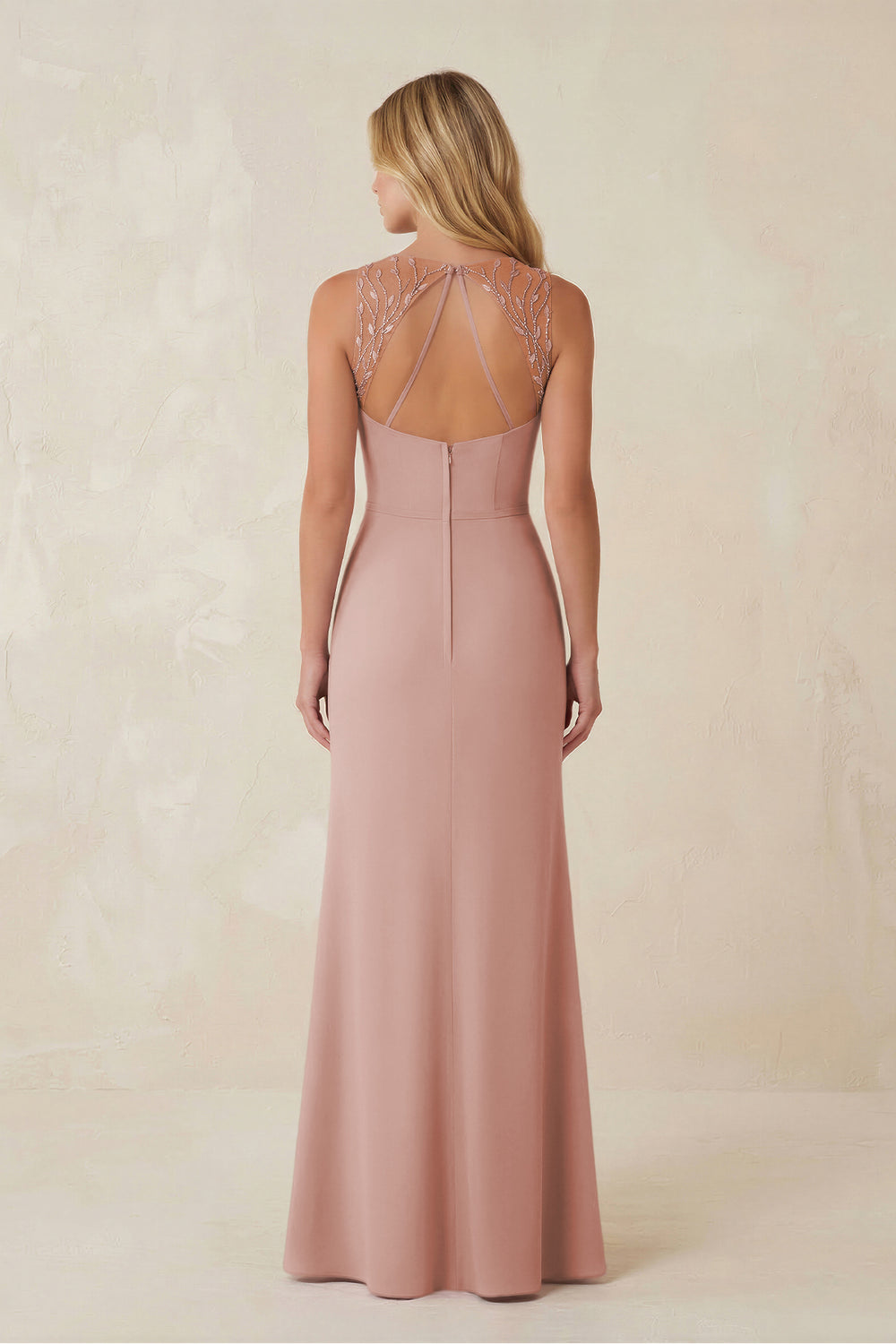 Round Neck Sheath Chiffon Appliqued Bridesmaid Dress in English Rose