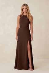 Round Neck Sheath Chiffon Appliqued Bridesmaid Dress in Espresso - KISS BRIDAL Bridesmaid Dresses