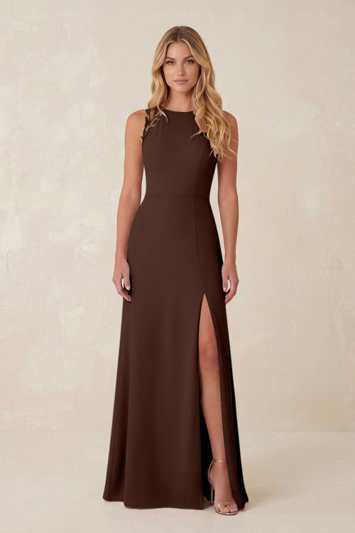 Round Neck Sheath Chiffon Appliqued Bridesmaid Dress in Espresso - KISS BRIDAL Bridesmaid Dresses