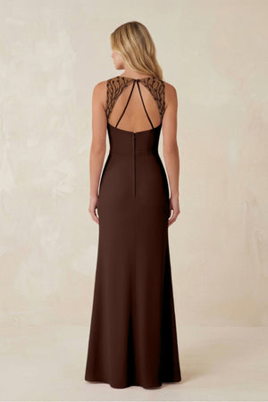 Round Neck Sheath Chiffon Appliqued Bridesmaid Dress in Espresso - KISS BRIDAL Bridesmaid Dresses