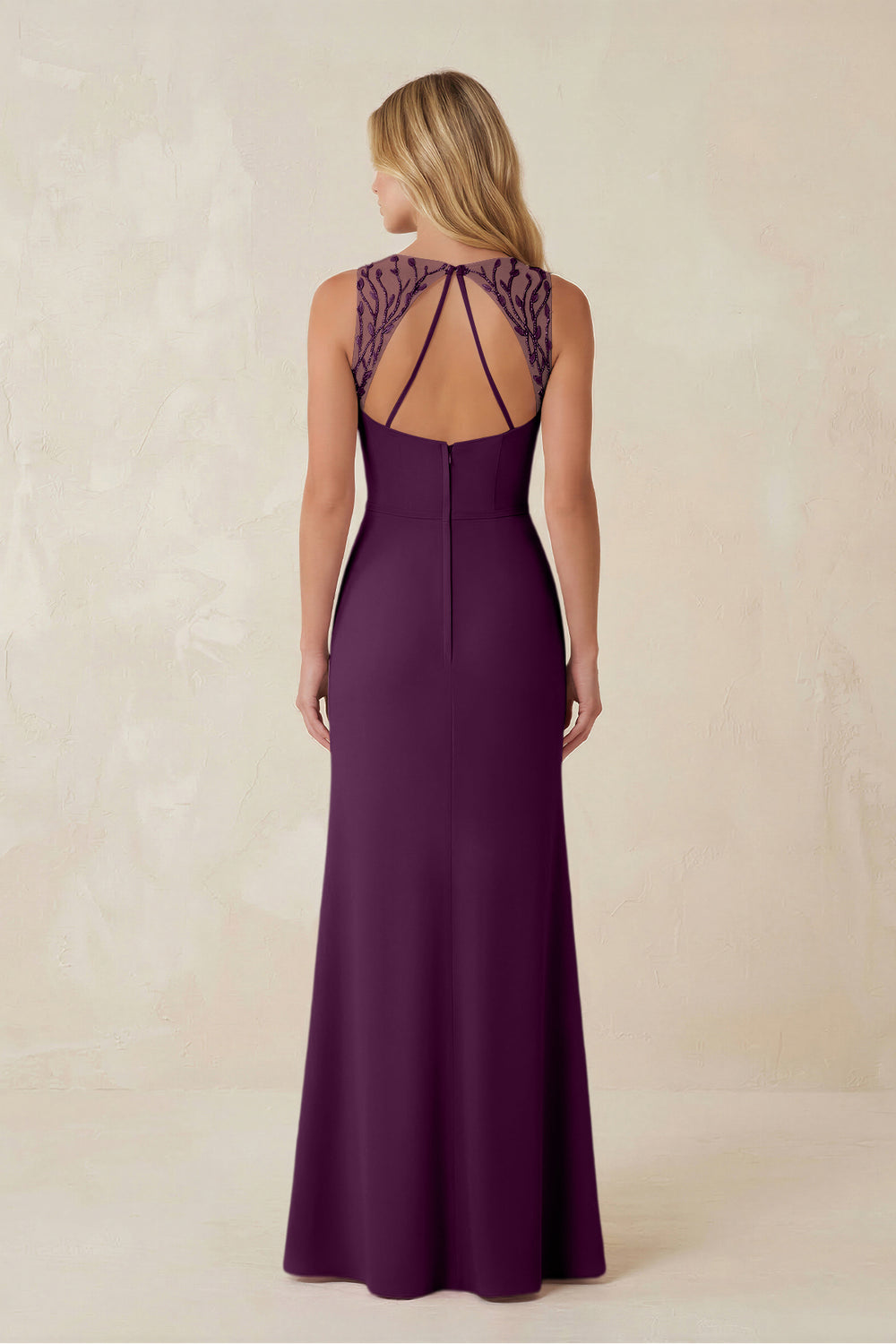 Round Neck Sheath Chiffon Appliqued Bridesmaid Dress in Fig
