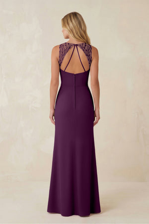 Round Neck Sheath Chiffon Appliqued Bridesmaid Dress in Fig (2) | KISSBRIDAL