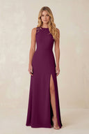 Round Neck Sheath Chiffon Appliqued Bridesmaid Dress in Fig - KISS BRIDAL Bridesmaid Dresses