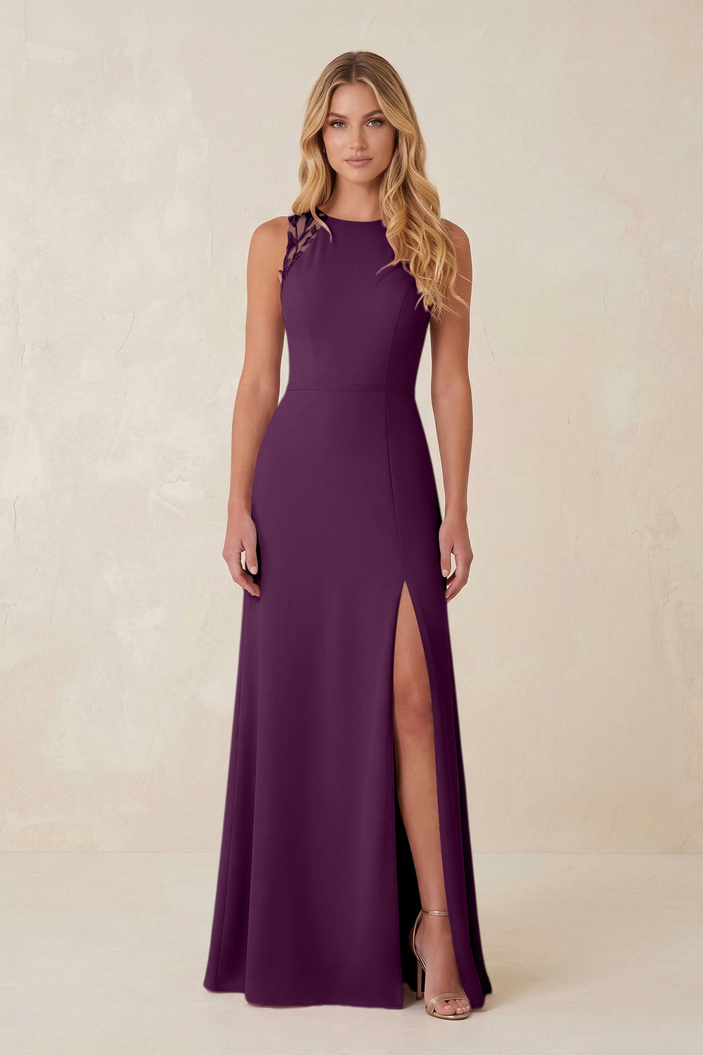 Round Neck Sheath Chiffon Appliqued Bridesmaid Dress in Fig