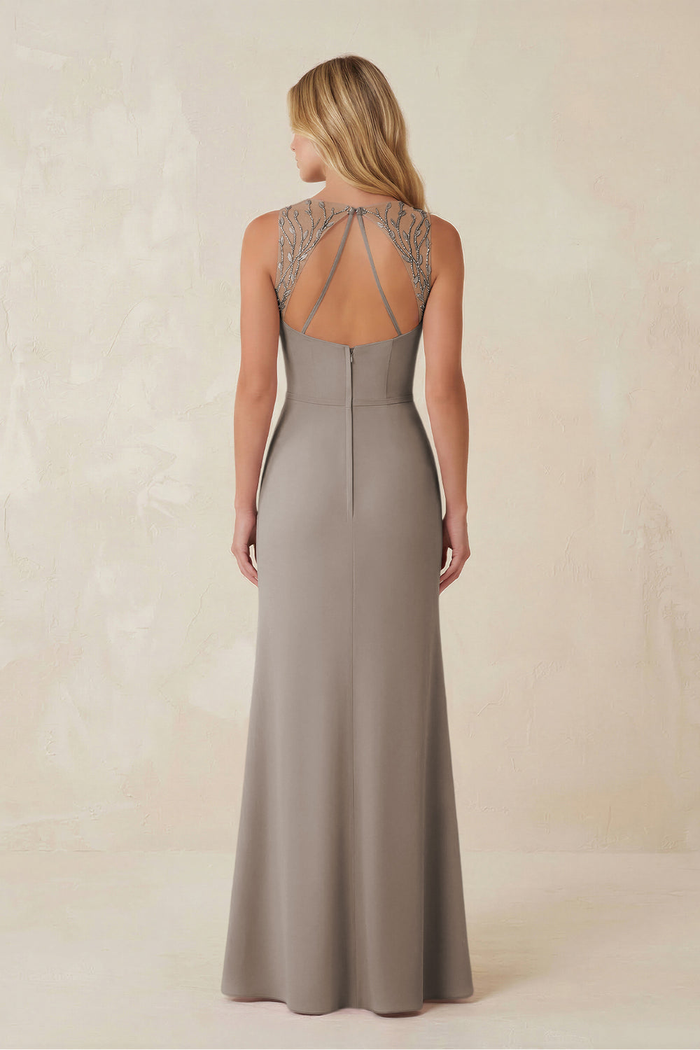 Round Neck Sheath Chiffon Appliqued Bridesmaid Dress in Frost